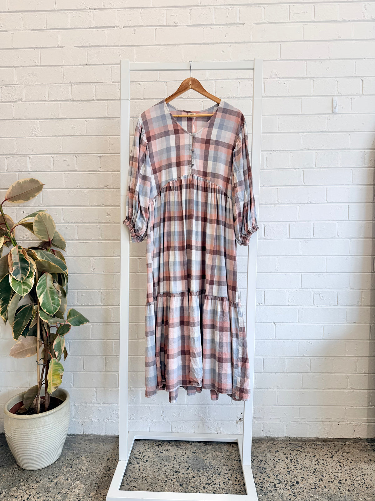 Opia Plaid Tiered Maxi Dress - Blush Multi - Size M/L