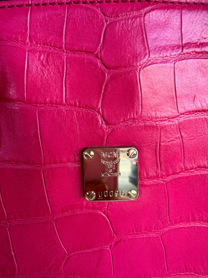 MCM Hot Pink Munchen Crocodile Embossed Leather Satchel Bag
