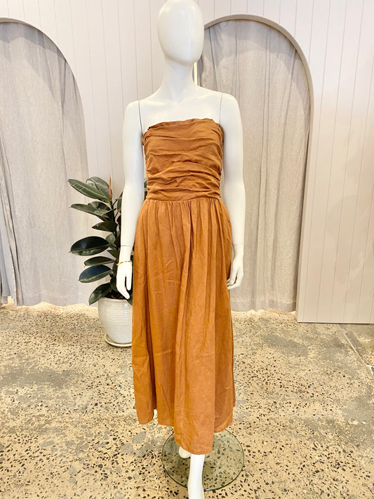 Dissh 'Lexi' Spice Linen Midi Dress in Tan - Size 12