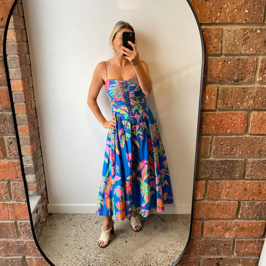 Farm Rio Blue Painted Jungle Midi Dress - Size M