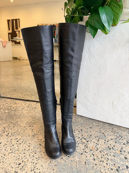 Stuart Weitzman Black Leather Over-The-Knee Boots - Size 6.5 (38)