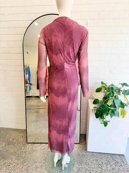 ZARA Mesh V Neck Maxi Dress in Burgundy - Size XL (14)