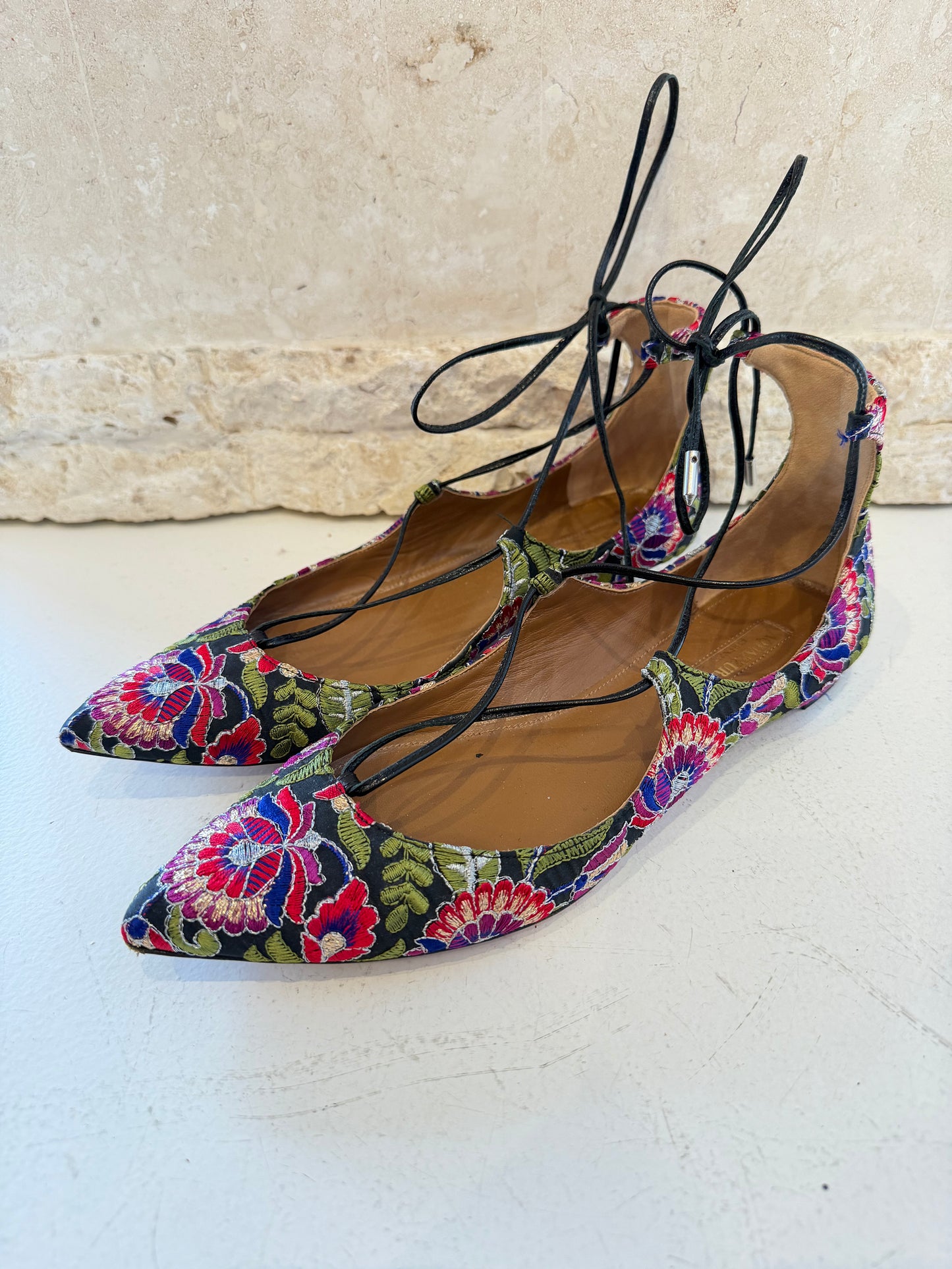 Aquazzura Firenze Christy Embroidered Floral Pinted Toe Flats - Size 39