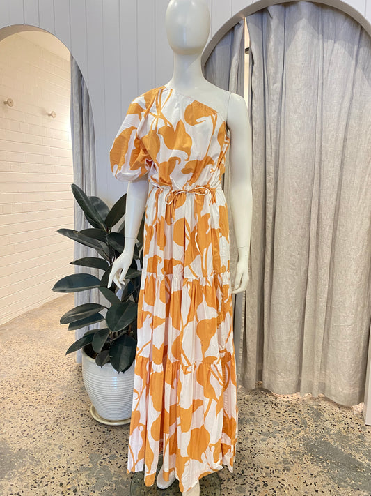 SWF Orange Floral One Shoulder Midi Dress - Size L (12/14)