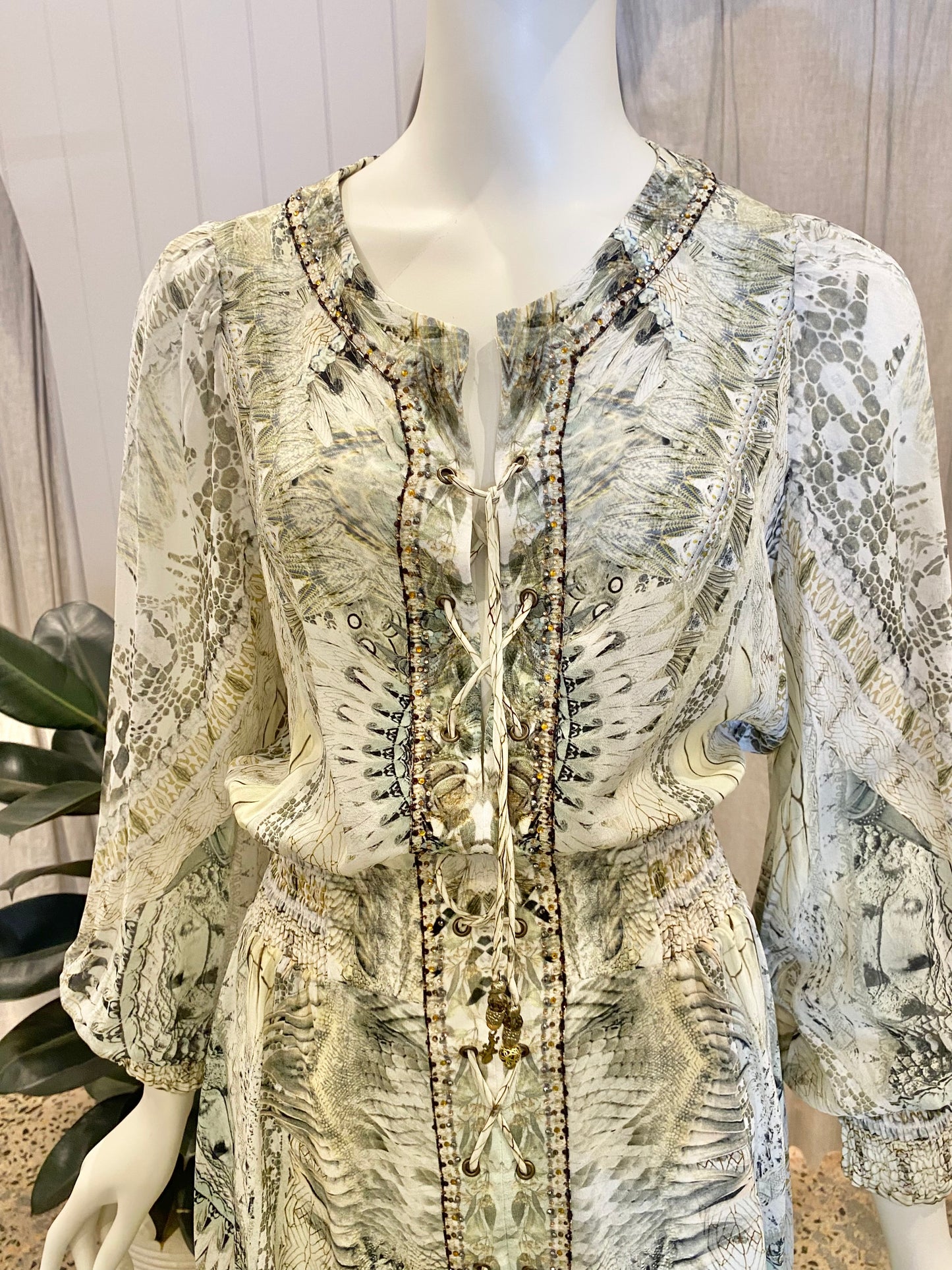 Camilla Lace Up Shirred Waist Dress 'Daintree Dreaming' - Size XS (6/8)