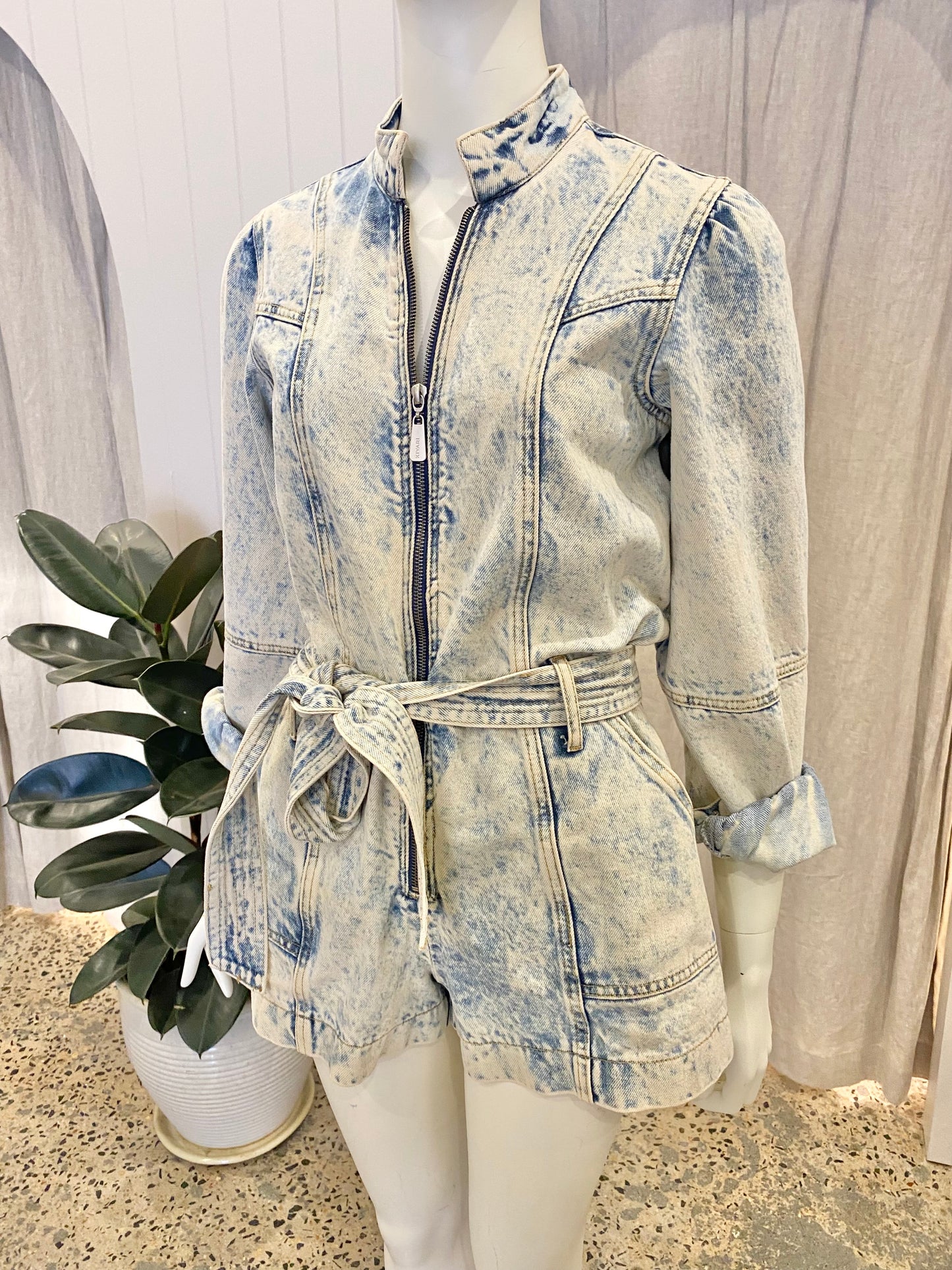 Kivari 'Lourdes' Denim Playsuit in Acid Wash - Size 6
