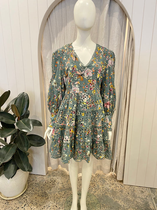 MOS Alexia Mini Dress in Green Floral - Size 14