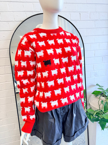 Red and White Sheep Knit Jumper (Princess Diana replica) - Size M (8-12)