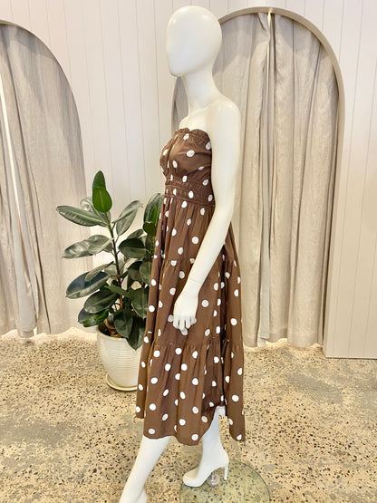 Kivari Brown Polka Dot Strapless Midi Dress - Size 12