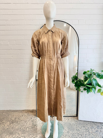 Country Road Mocha Linen Blend Fluid Cinched Shirt Dress - Size 8