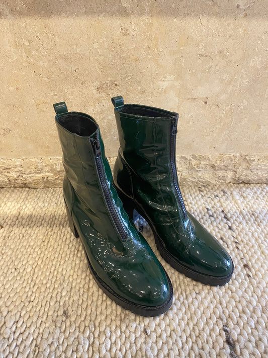 Mollini Book Mo Deep Green Patent Leather Ankle Boots - Size 42
