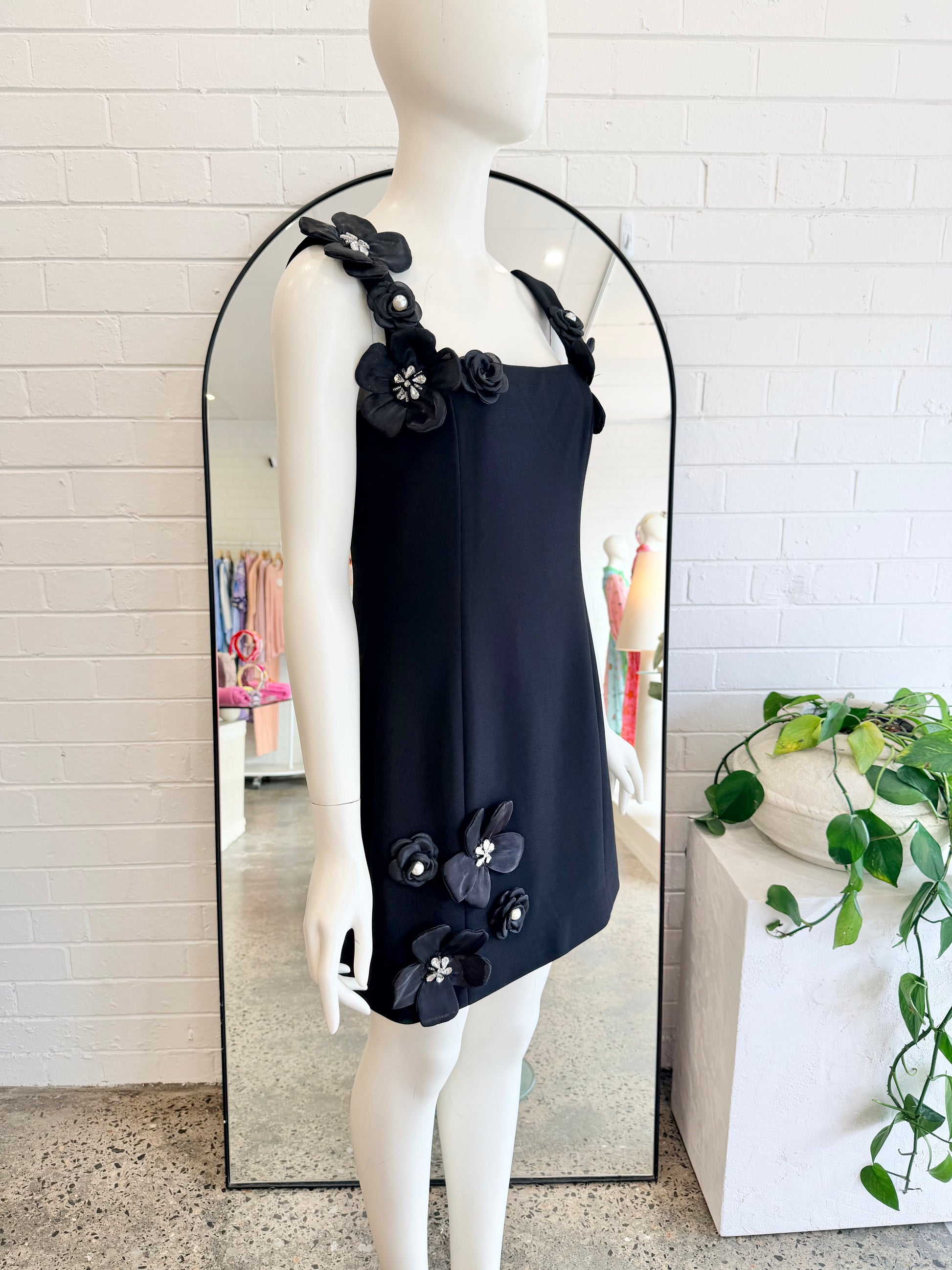 Elliatt Black Trompe 3D Floral Mini Dress - Size L (12) - Pre-Loved Geelong