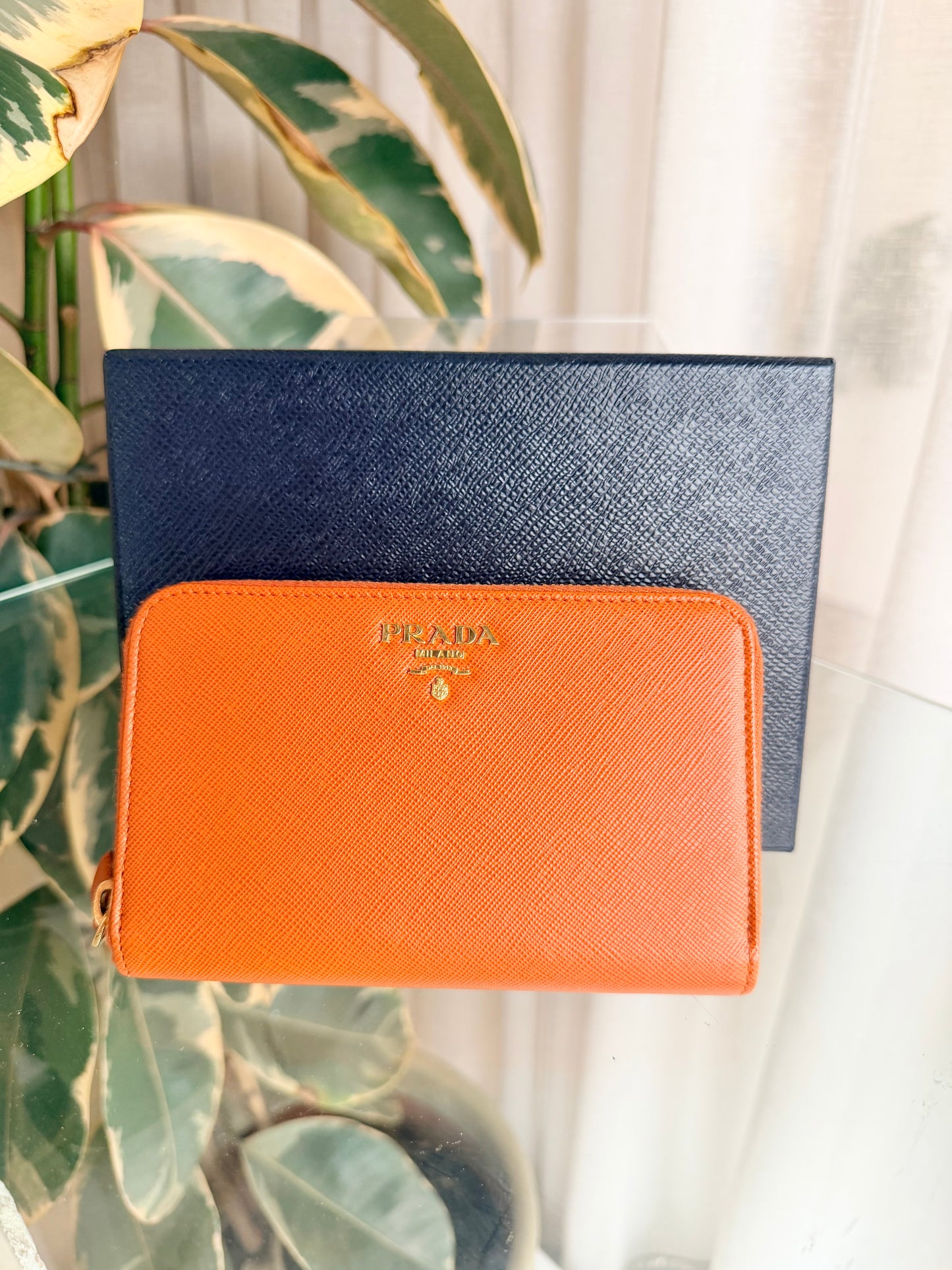 Prada Papaya Saffiano Zip Around Wallet