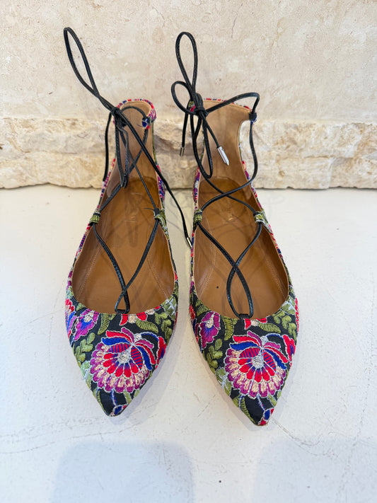 Aquazzura Firenze Christy Embroidered Floral Pinted Toe Flats - Size 39
