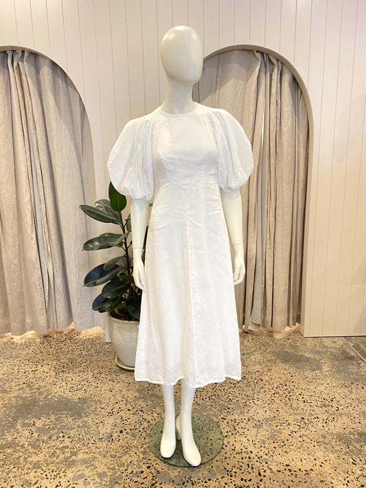 Zimmermann Puff Sleeve Linen Midi Dress in White - Size 0 (8)