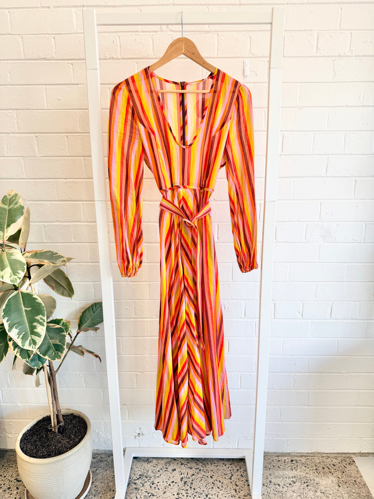 Zimmermann Goldie Plunge Dress in Rainbow Stripe - Size 3 (12-14)