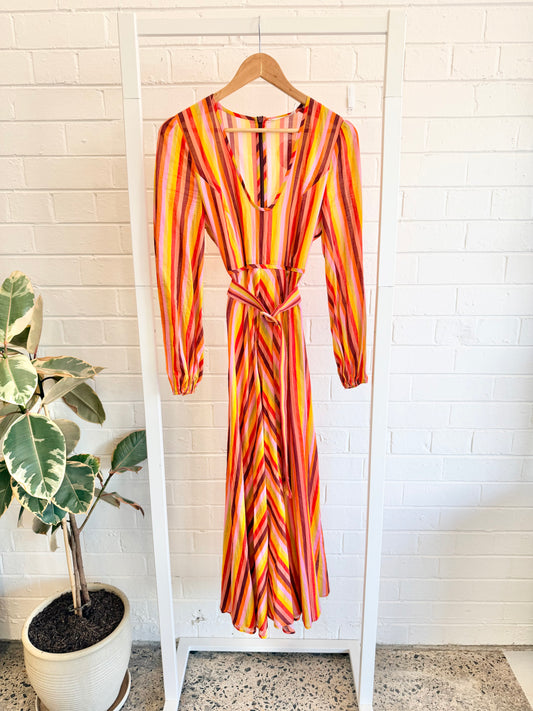 Zimmermann Goldie Plunge Dress in Rainbow Stripe - Size 3 (12-14)