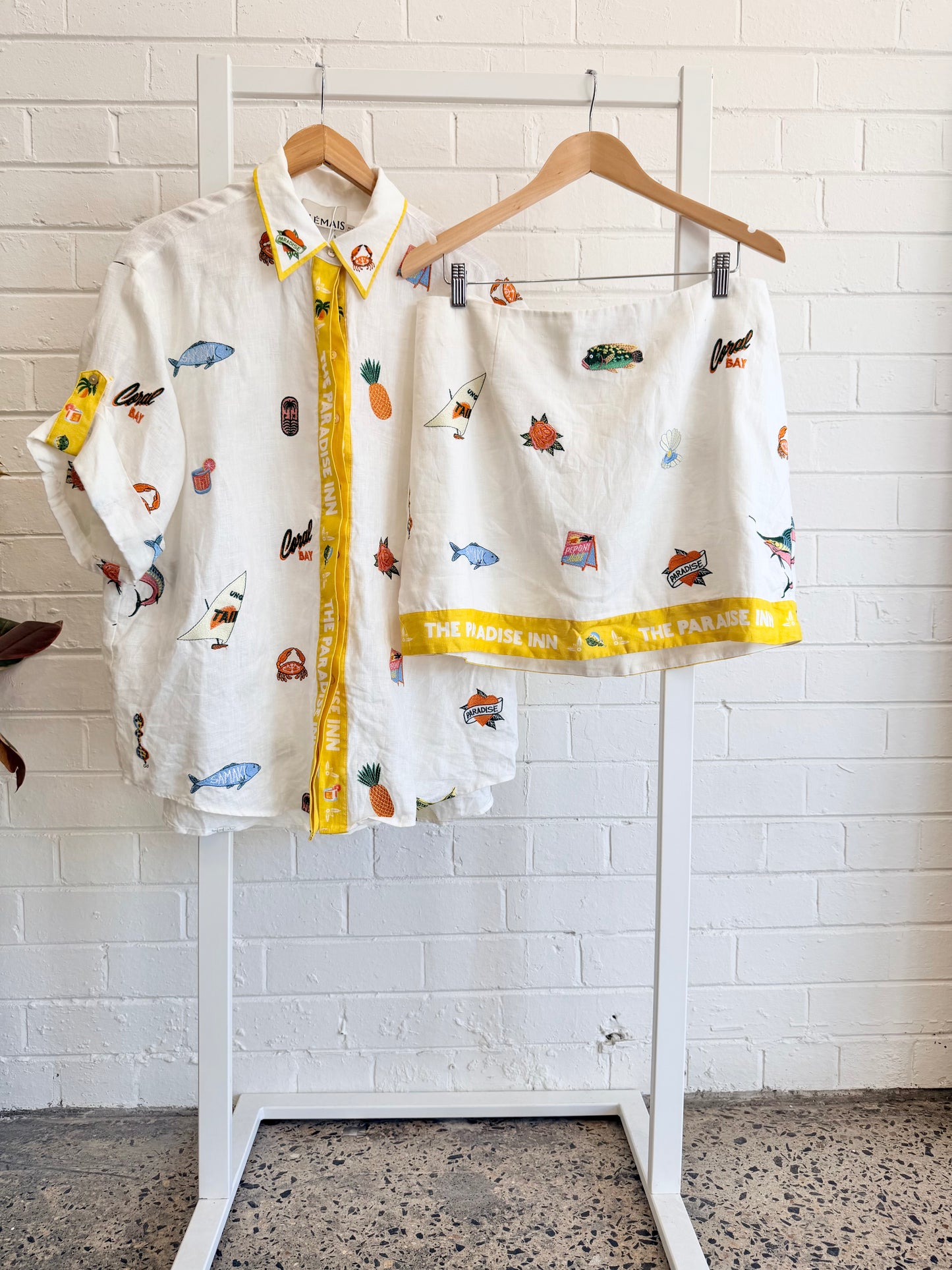 Alemais White Marlin Embroidered Shirt and Skirt Set - Size 14