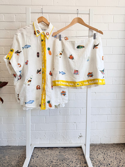 Alemais White Marlin Embroidered Shirt and Skirt Set - Size 14