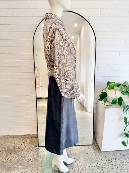 BINNY Leather Midi Skirt in Navy - Size 10 - Pre-Loved Geelong