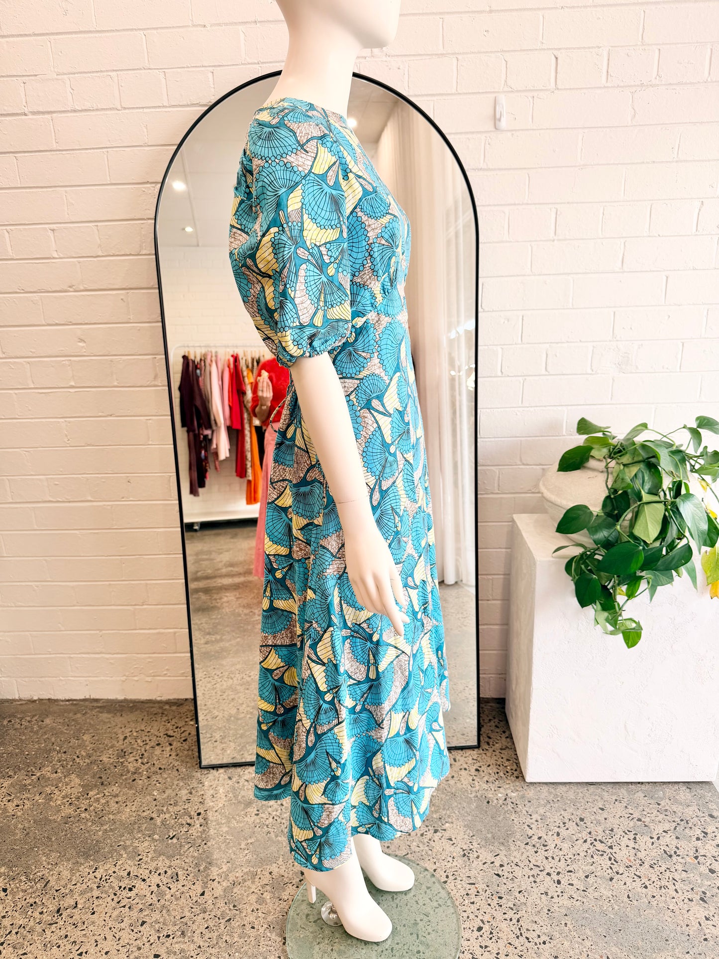 The Story of Us Blue and Green Backless Linen Maxi Dress - Size 8