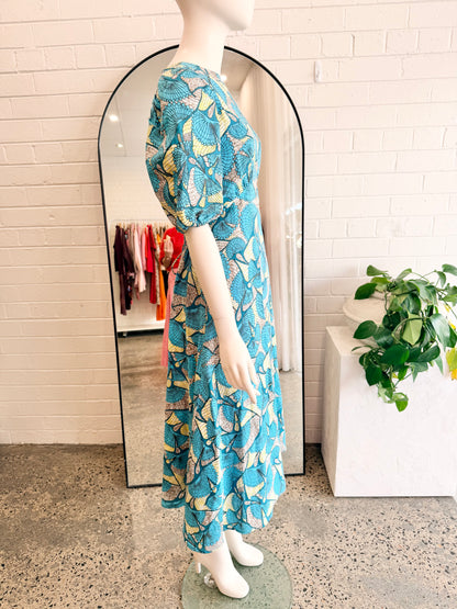 The Story of Us Blue and Green Backless Linen Maxi Dress - Size 8