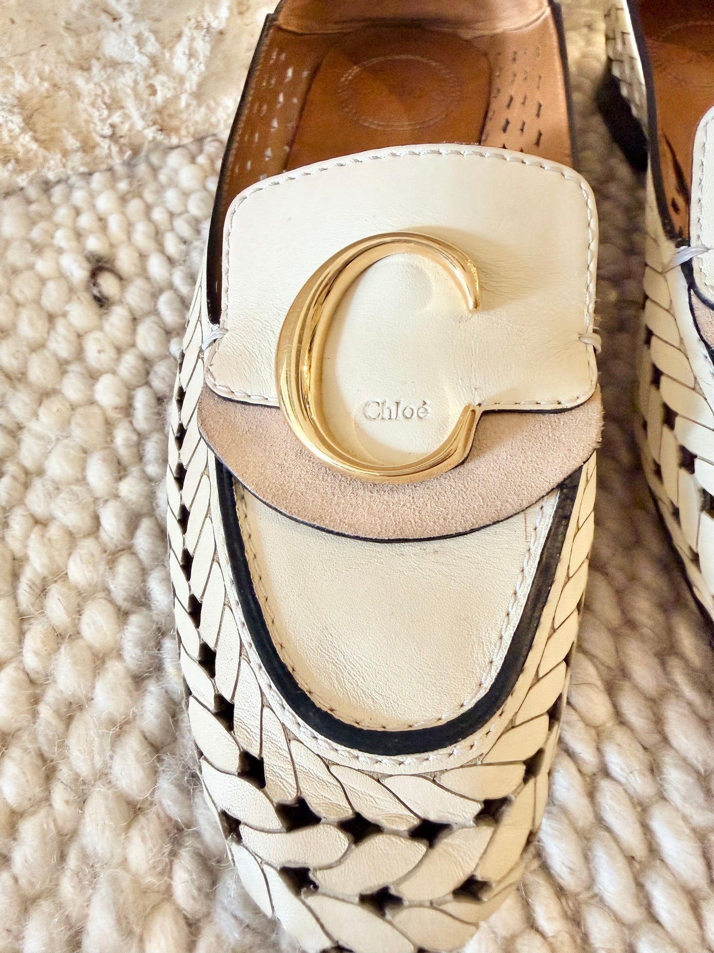 Chloe Cream C Woven Leather Loafers - Size 38