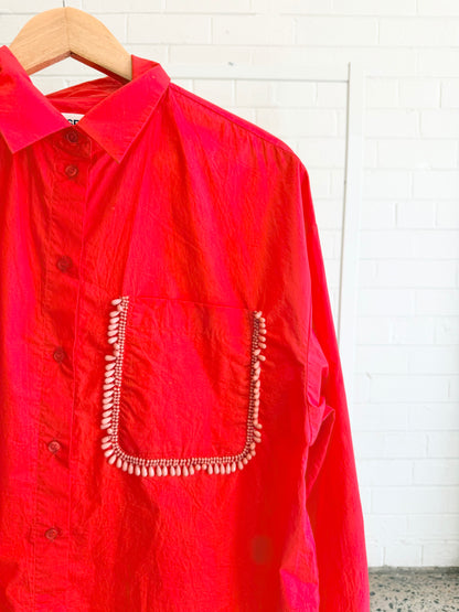 Essentials Antwerp Red Cotton Shirt With Beaded Embroidery - Size L (12)