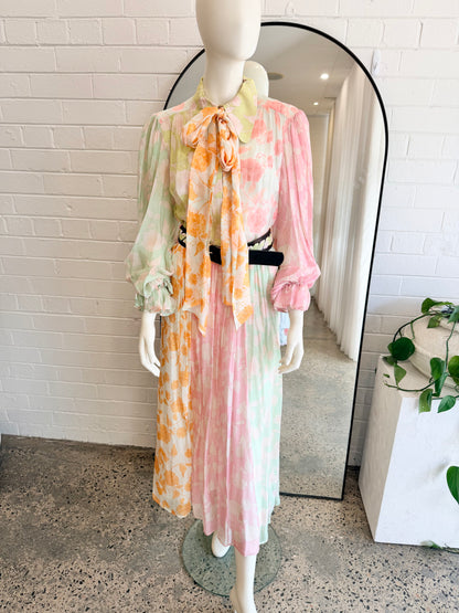 Leo Lin 'Cassie' Tie Neck Midi Dress in Anemone Splice Print - Size 12