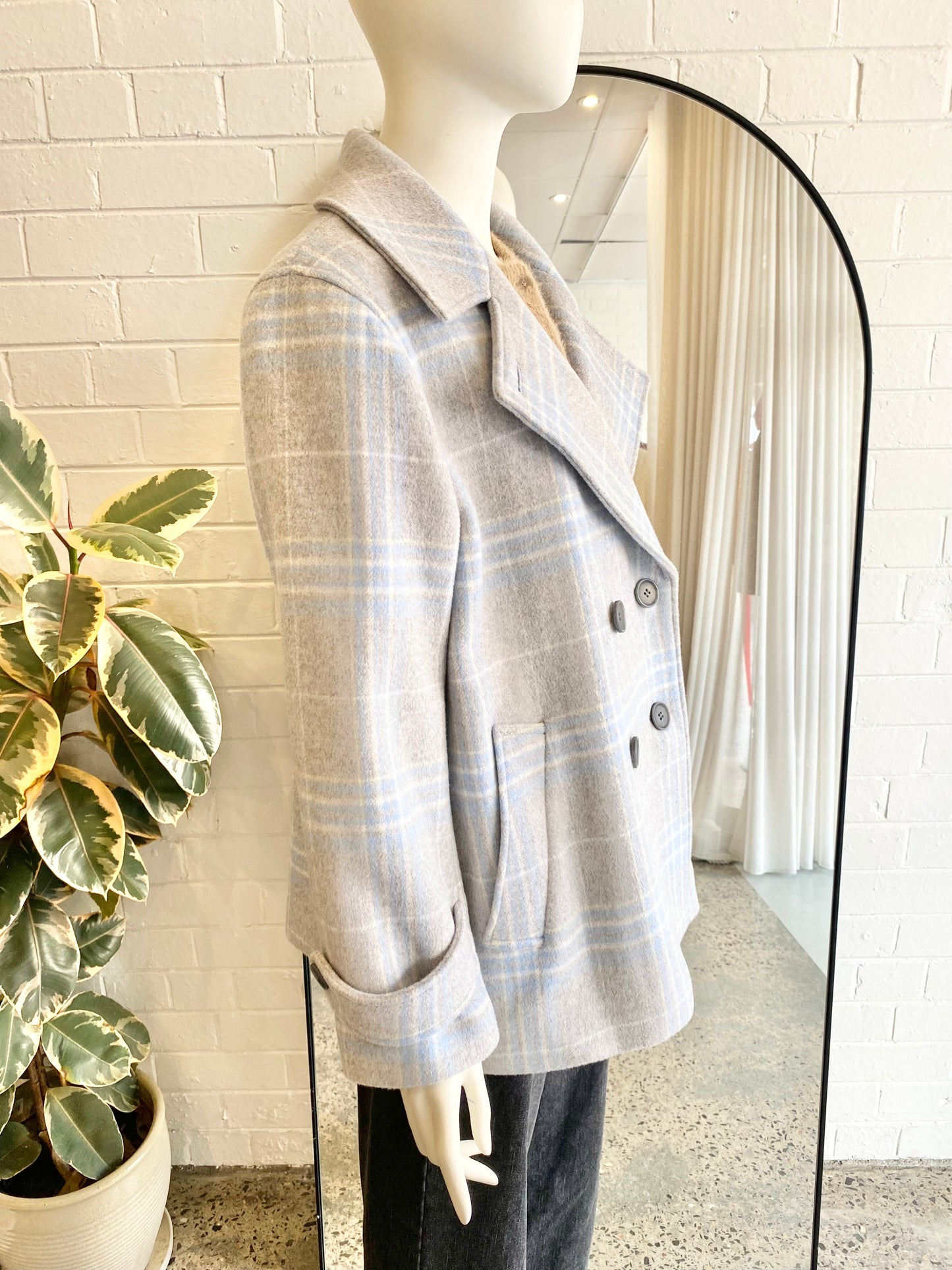 Country Road Grey Check Pea Coat - Size 14