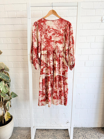 Jaase Toile de Jouy Tiered Midi Dress - Size 12/14