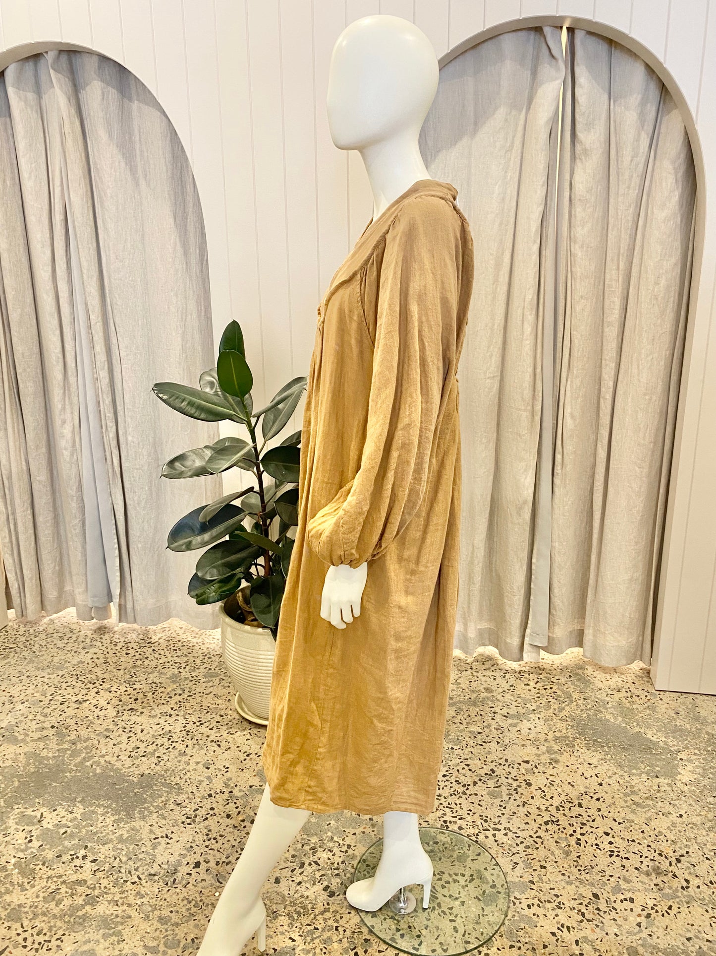 Kinga Csillia Tan Linen Midi Dress - Size 2 (10-12)