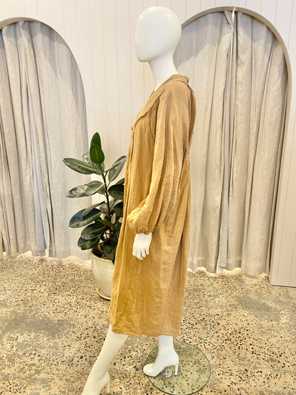 Kinga Csillia Tan Linen Midi Dress - Size 2 (10-12)