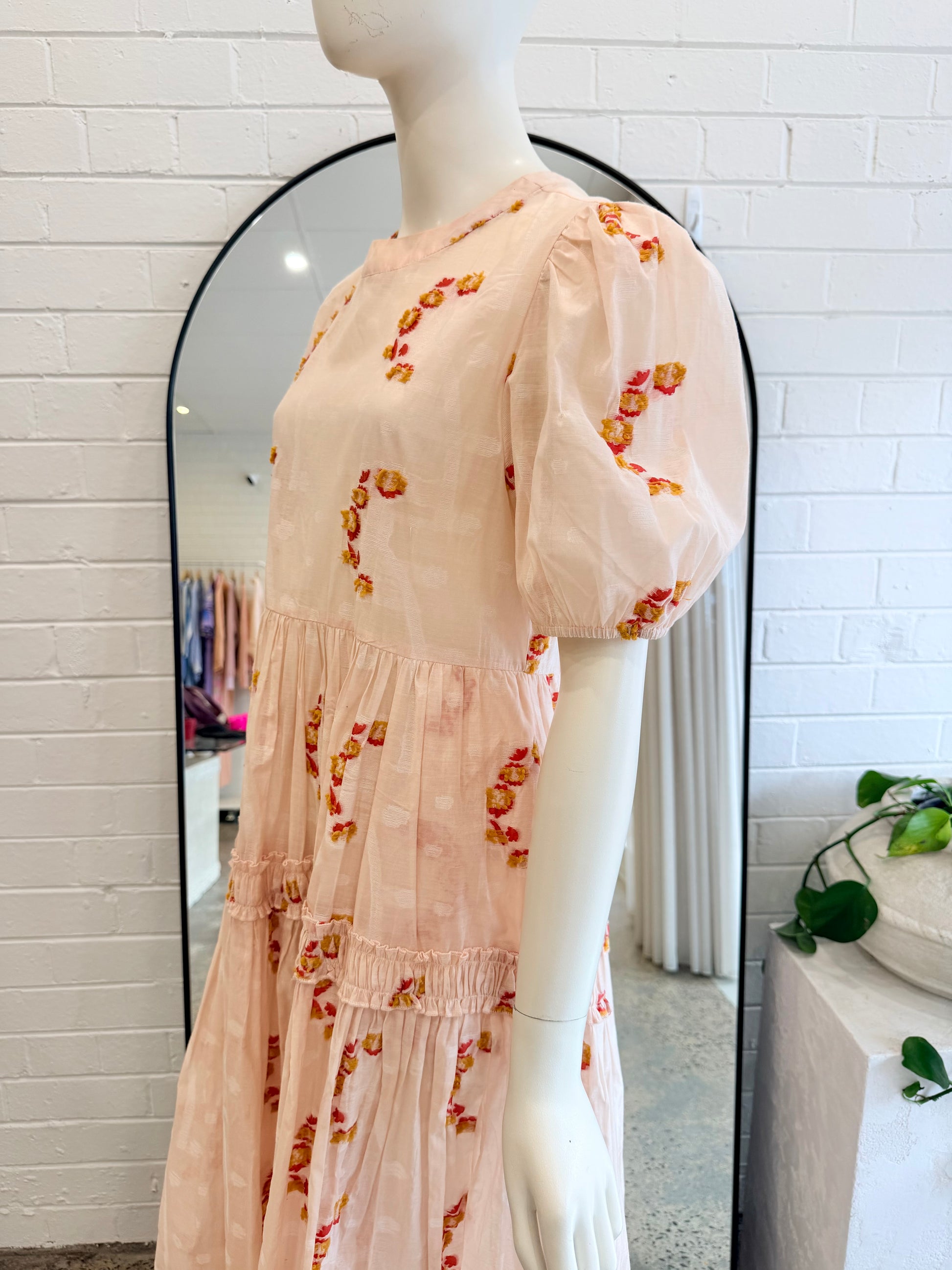 Trelise Cooper Blush Sheer Drama Midi Dress - Size S (8 - 10) - Pre-Loved Geelong