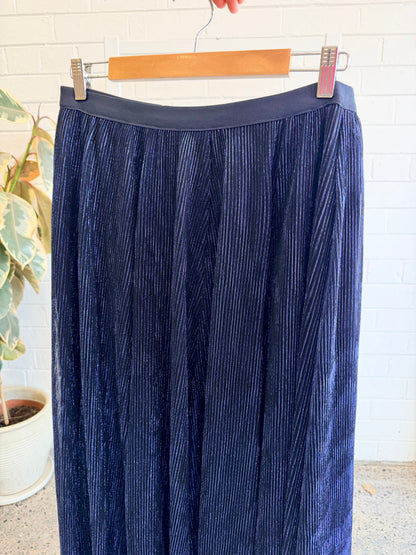 Caroline Morgan Navy Lurex Pleated Midi Skirt - Size 12