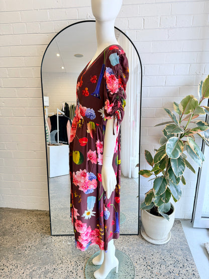 Gorman Dark Floral Print Still Life Long Dress - Size 12