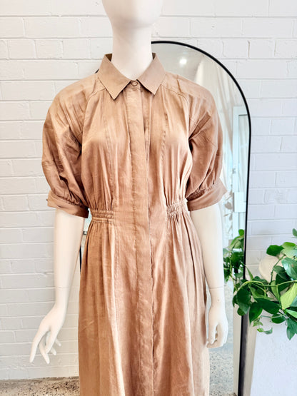 Country Road Mocha Linen Blend Fluid Cinched Shirt Dress - Size 8
