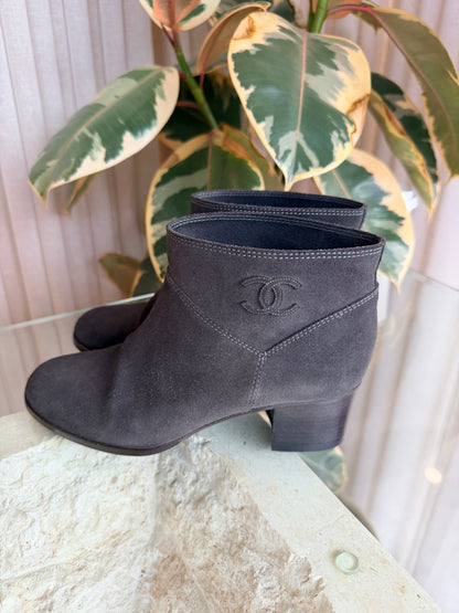 Chanel Dark Grey Suede Short Boots - Size 37
