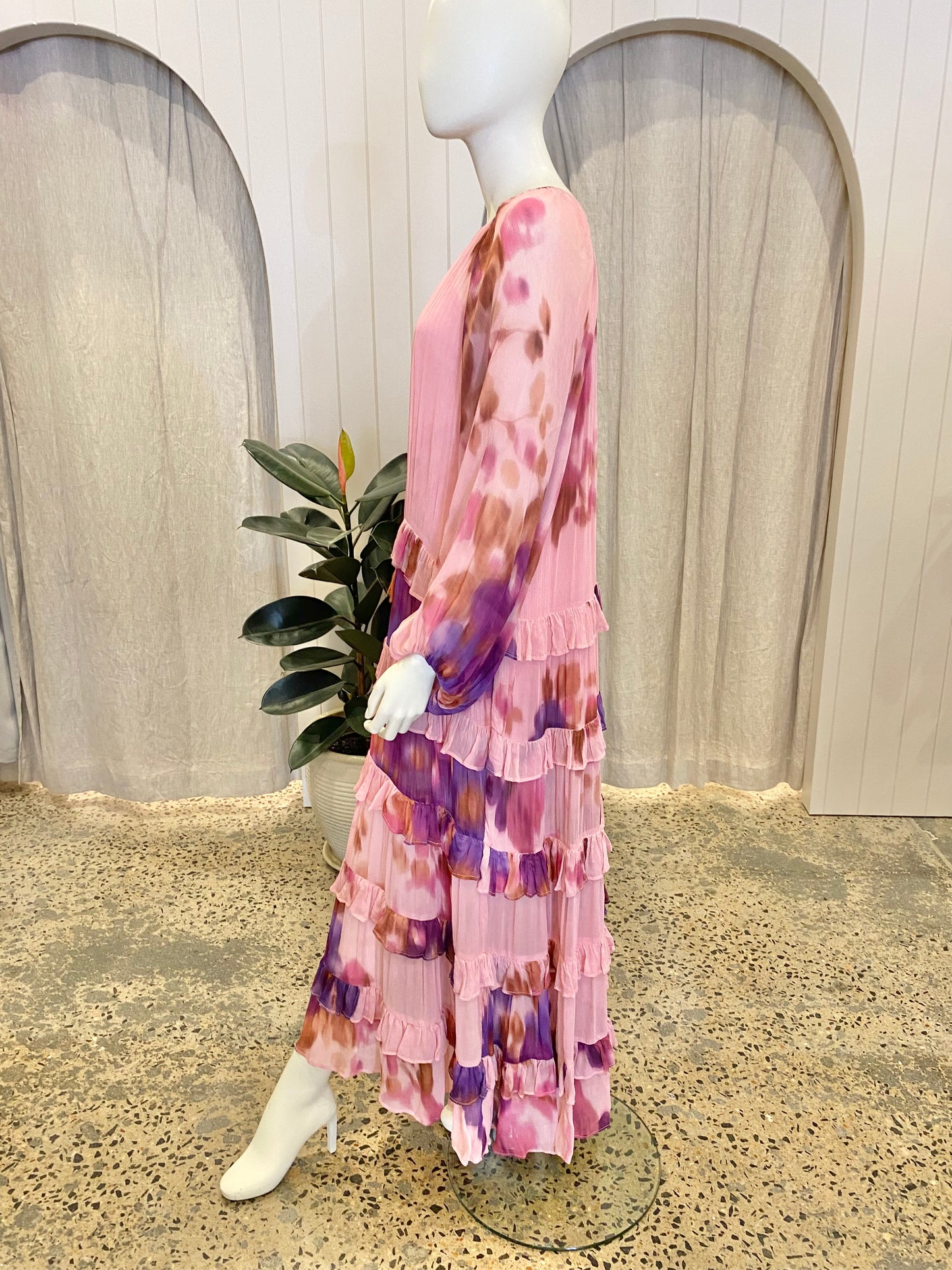 Bohemian Traders Pink Long Sleeve Ruffle Maxi Dress - Size L