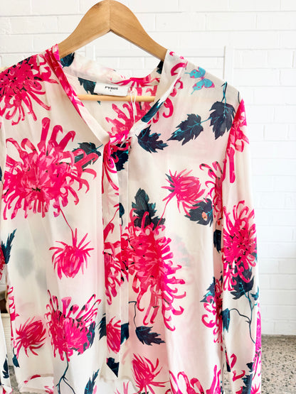 Pyrus White Silk Floral Print Blouse - Size L (12)