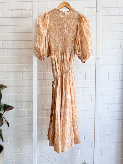 Zimmermann 'Concert' Shirred Bodice Midi Dress in Pale Leopard - Size 1 (10)