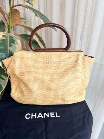 Vintage Chanel Raffia Woden Handle Tote Bag