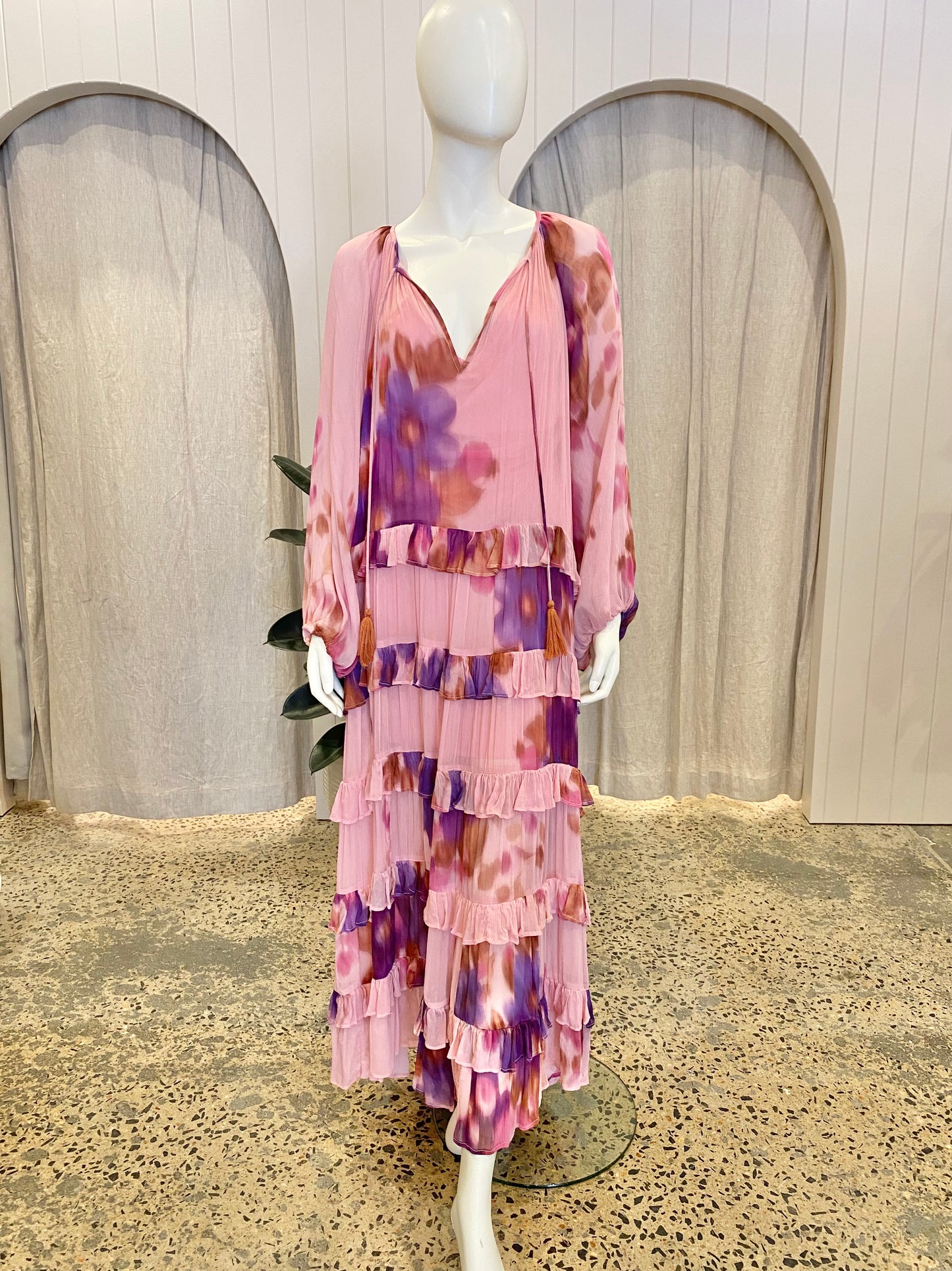 Bohemian Traders Pink Long Sleeve Ruffle Maxi Dress - Size L