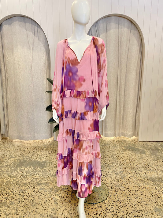 Bohemian Traders Pink Long Sleeve Ruffle Maxi Dress - Size L