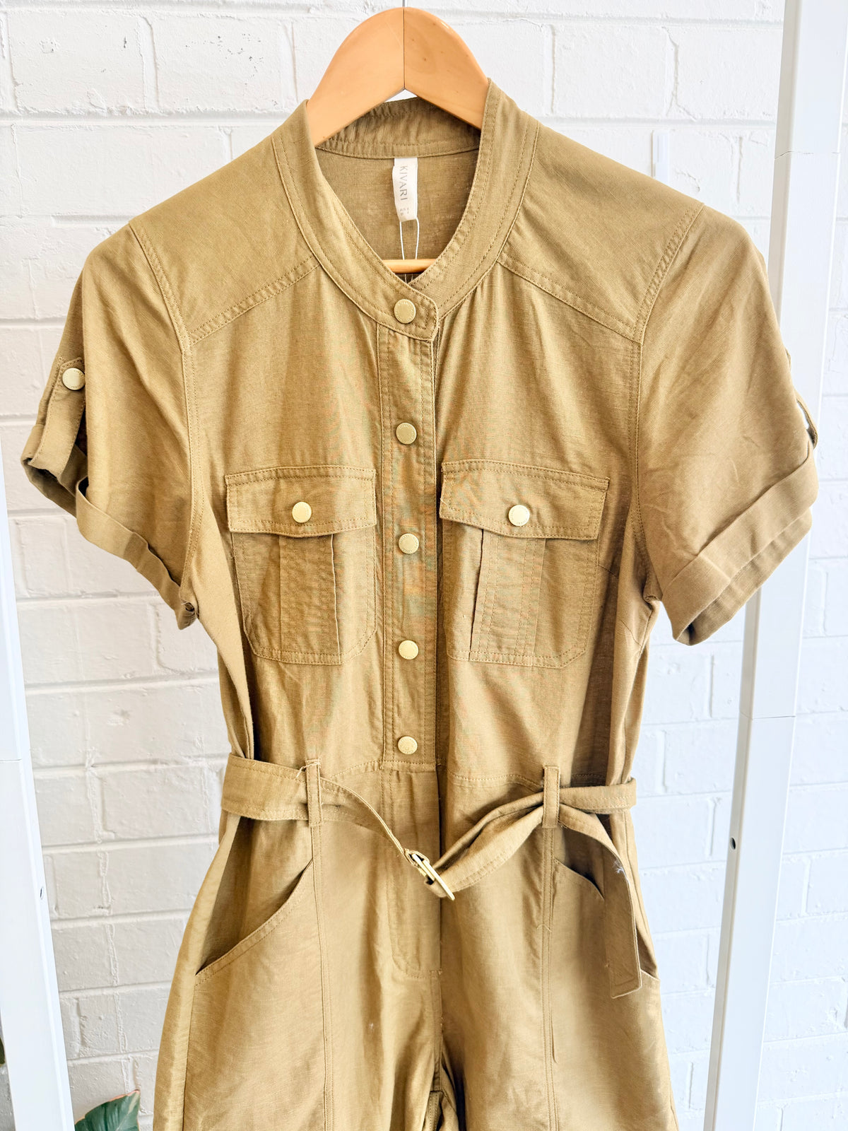 Kivari Short Sleeve Jumpsuit in Khaki - Size 10