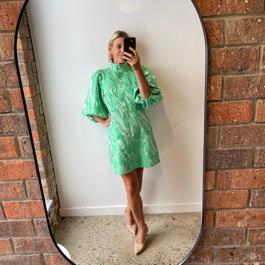 Ganni Island Green Brocade Mini Dress - Size 40 (10/12)