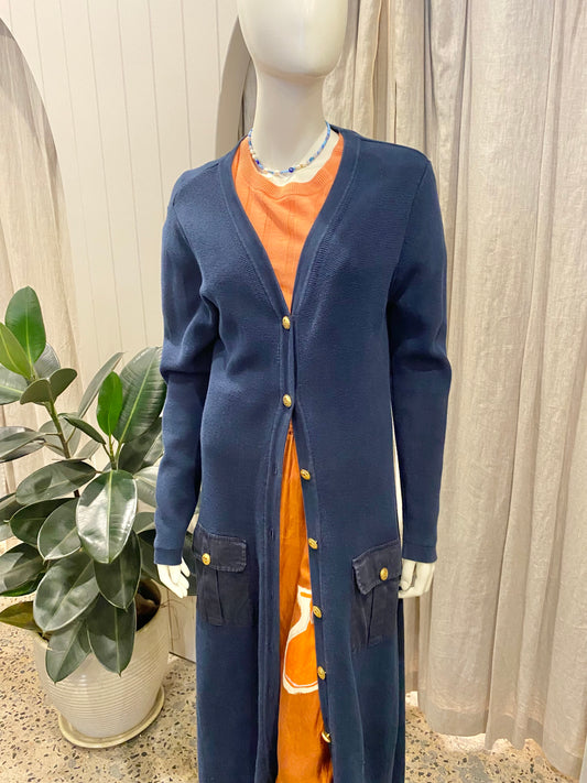 Binny Navy Long Line Cotton Cardigan - Size 12