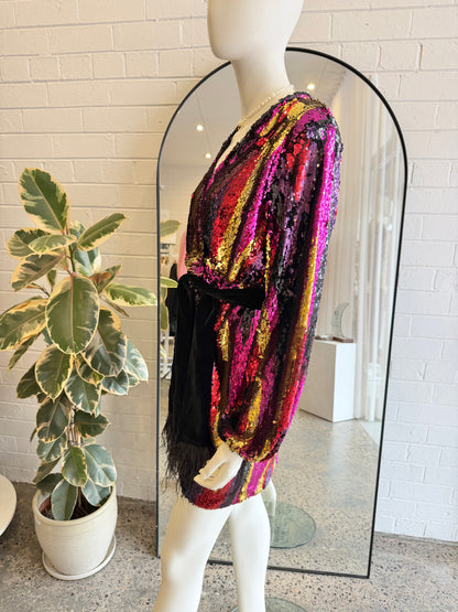 Rebecca Vallance Kaia Sequin Wrap Mini Dress - Size 8