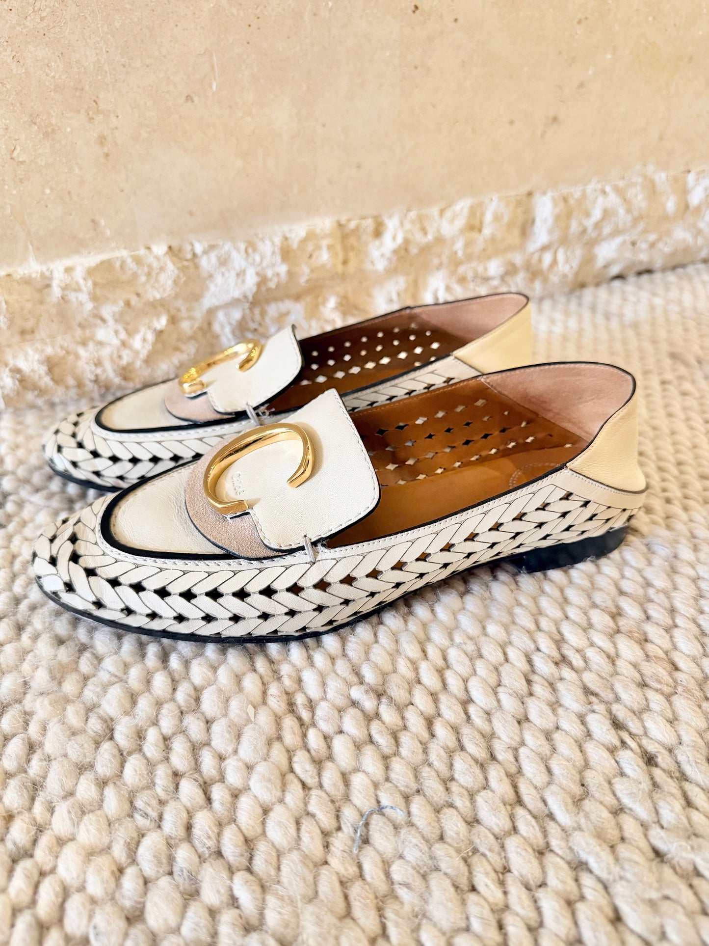 Chloe Cream C Woven Leather Loafers - Size 38