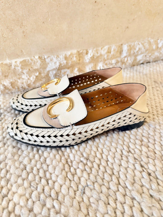 Chloe Cream C Woven Leather Loafers - Size 38